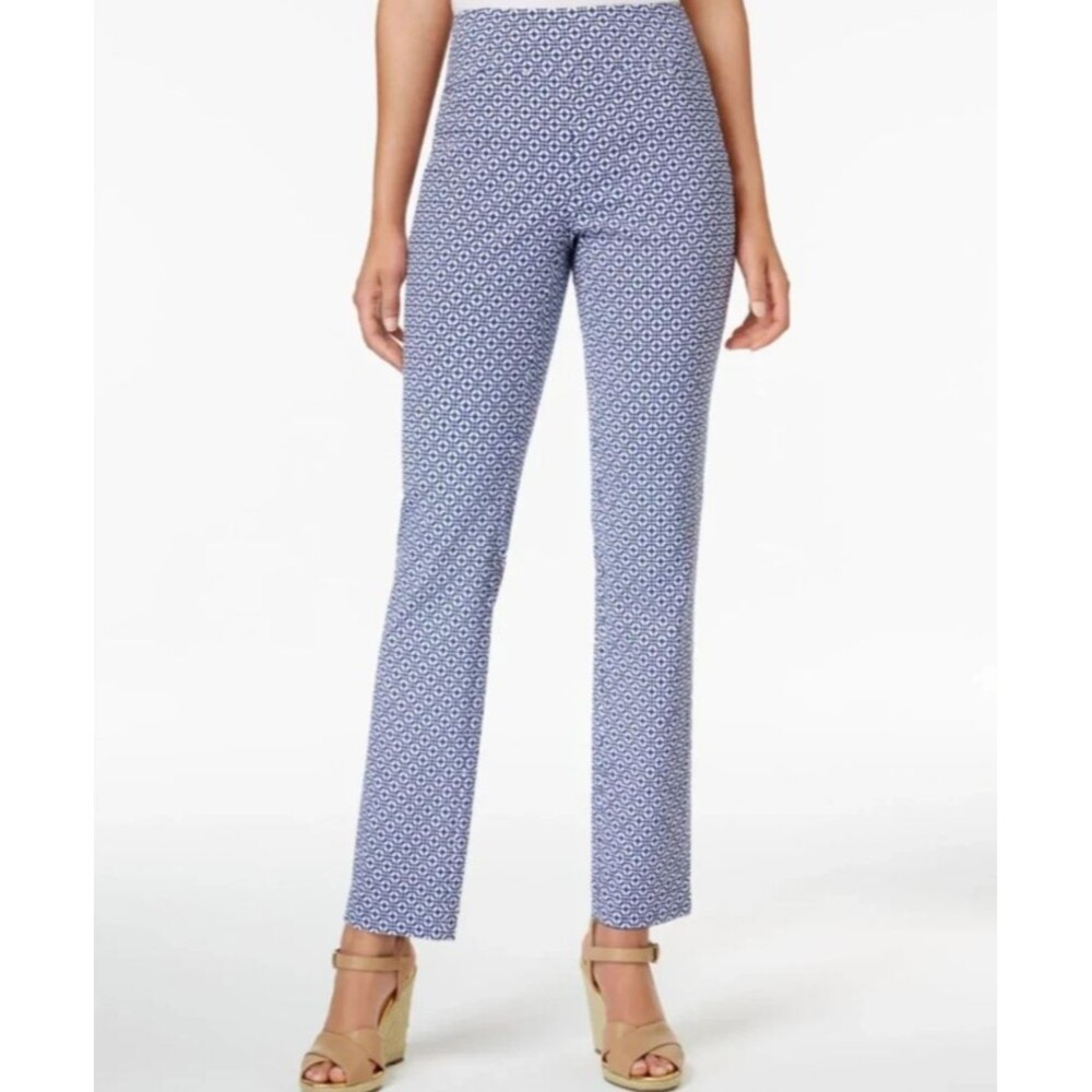 Charter Club Cambridge Slim Pull On Womens Dress Pants 6 Blue White Mid Rise